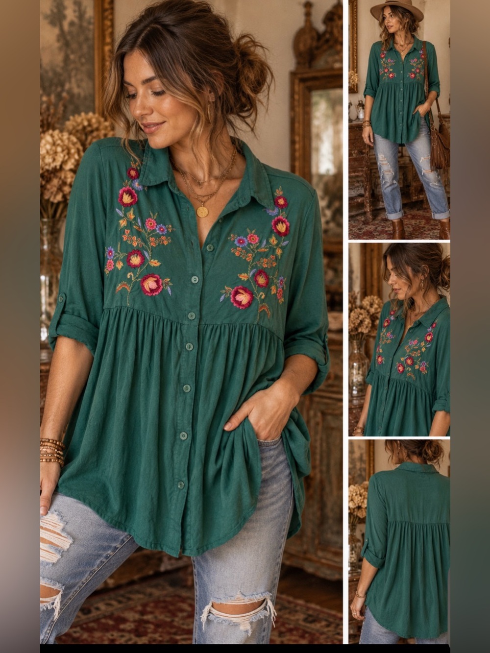April Cornell Forest Green Floral-Embroidered Button Tunic